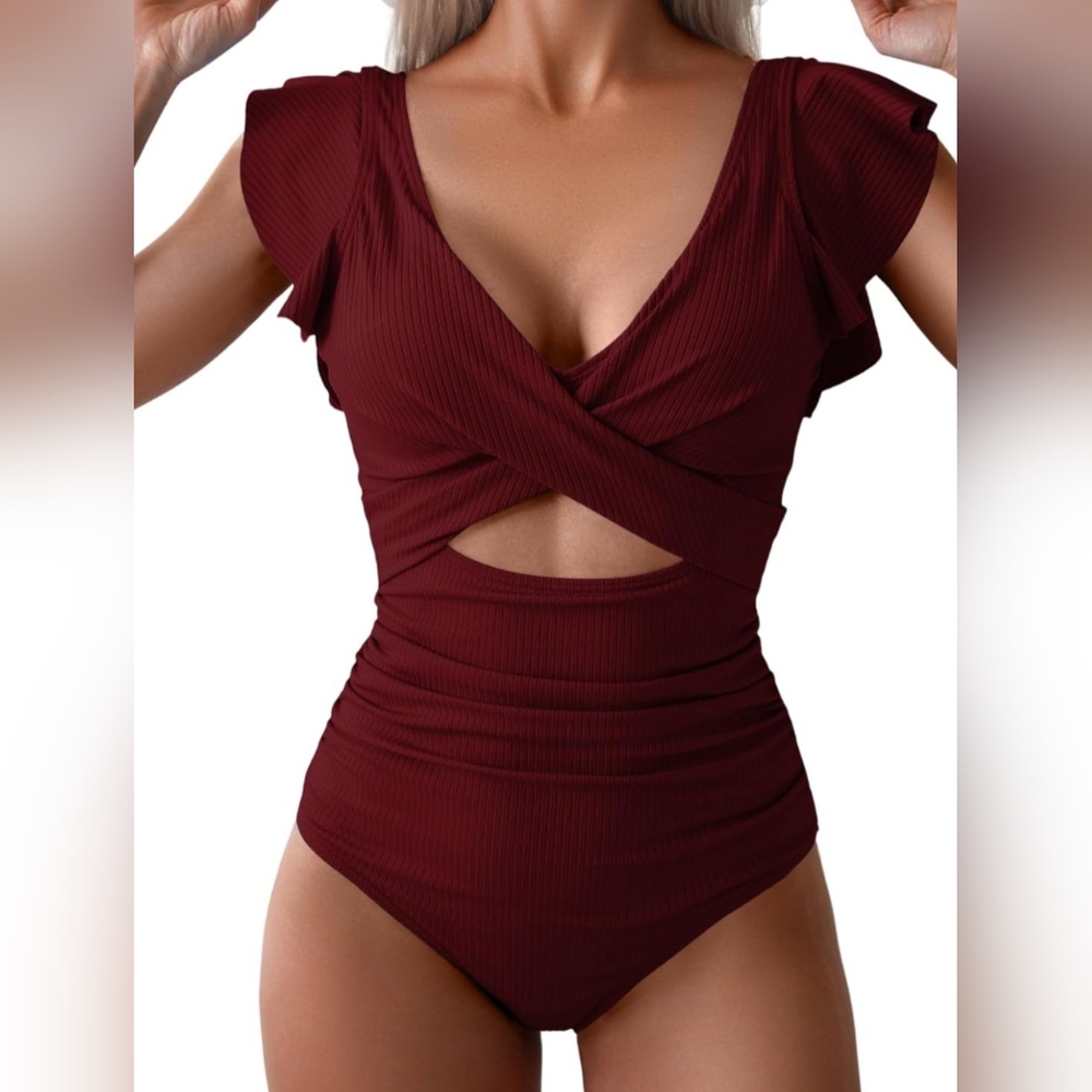 Women's One Piece Swimsuit Ruffle CutoutSlimming Tummy Control V Neck